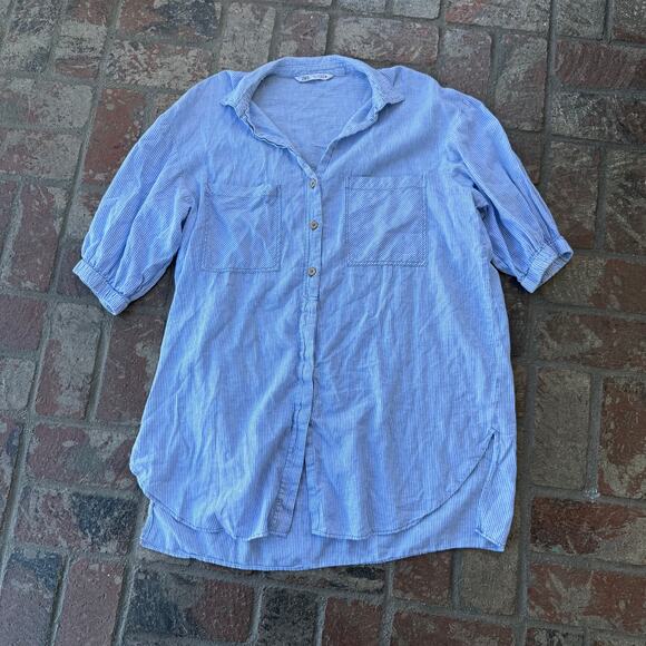 Zara Stripped Button Up Dress Blue White Size L Short Sleeve Collared - Picture 1 of 3